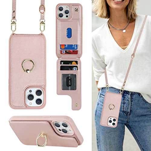 Image of for iPhone 13 Pro Case with Card Holder and Strap for Women,Crossbody Lanyard,RFID Blocking,Kickstand Ring Stand,Snap Clasp,Phone Wallet Cases 6.1 inch(Rose Gold)