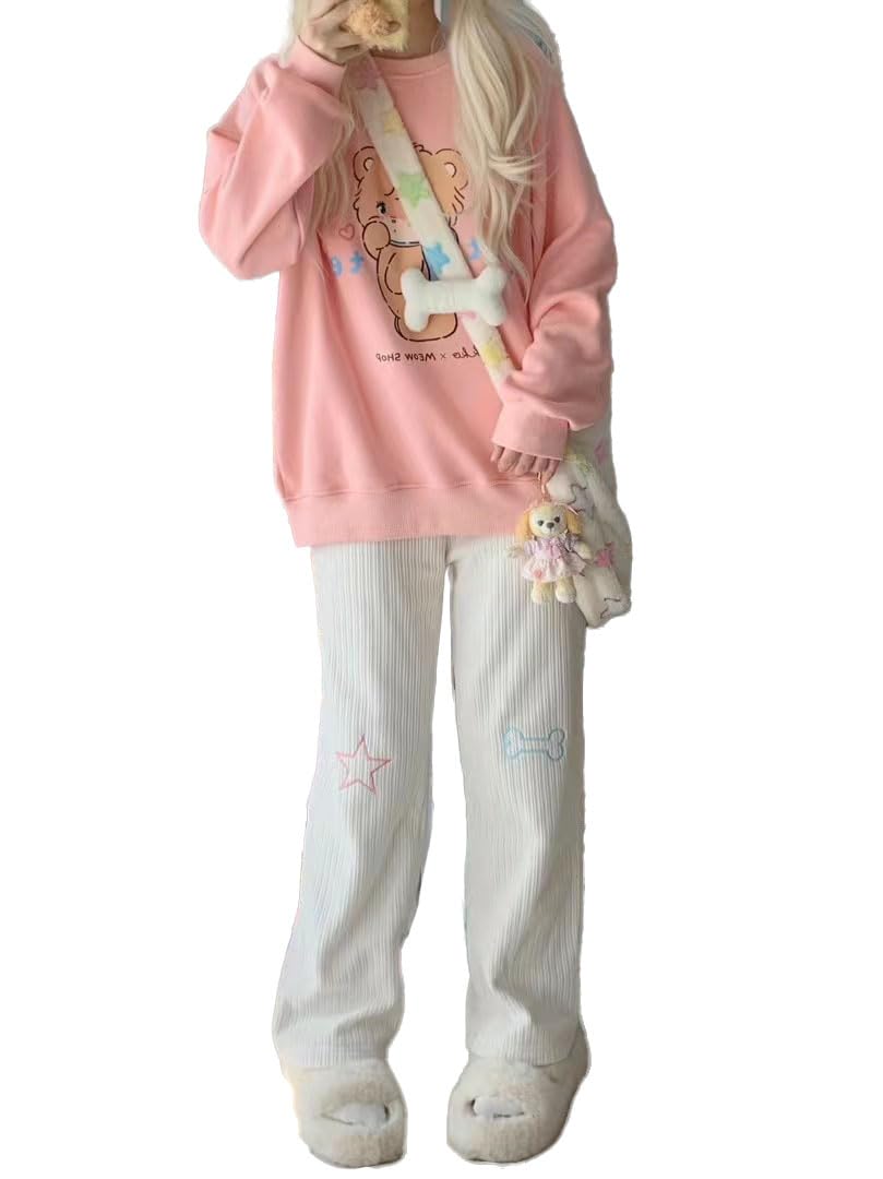 Cute White Corduroy Pants for Women Cartoon Embroidery High Waist Harajuku Kawaii Wide Leg Trousers Y2K Pants