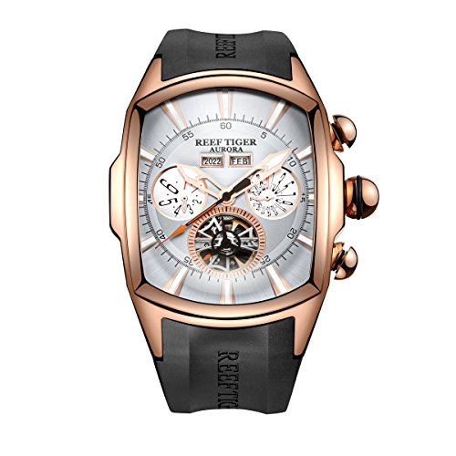REEF TIGER Sport Watches for Men Rose Gold Tone Tourbillon Wrist Watches Rubber Strap RGA3069 (RGA3069-PWB)
