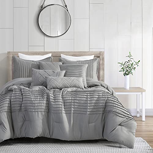 Hig 7 Pieces Modern Pintuck Comforter Set With Pleated Stripes Queen, Gray Classic Down Alternative Bedding Set For Bedroom, All Season Bed In A Bag - 1 Comforter, 2 Shams, 4 Decor Pillows (22132) #TOP18