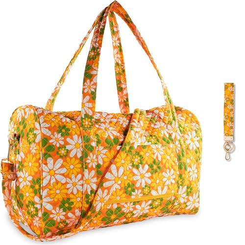 ban.do Quilted Cotton Duffel Bag for Women, Large Carry On Travel Weekend Bag Bundle with Diamond Quilted Wristlet Keychain with Gold Hardware and Keyring, Retro Floral