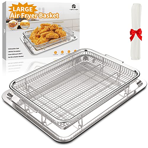 Image of Air Fryer Basket for Oven,YEPATER 15.7" x 11.6" Large Oven Air Fryer Basket with 30 PCS Parchment Paper, Stainless Steel Non-stick Air Fryer Pan and Crisper Tray for Baking Grilling Cooking and Frying