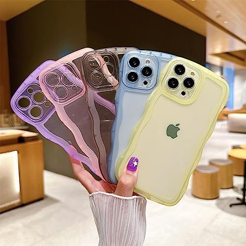 Image of Compatible with iPhone 14 Pro Case 6.1 inch 2022, Cute Kawaii Curly Wave Frame Shape Soft Silicone Shockproof Protective Phone Cover for Women Girls, Clear /Yellow