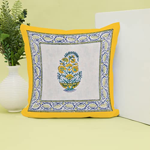 Image of BLOCKS OF INDIA Hand Block Printed Cotton Linen Cushion Cover (16 X 16 Inches) (Blue Yellow Motifs), 250 TC