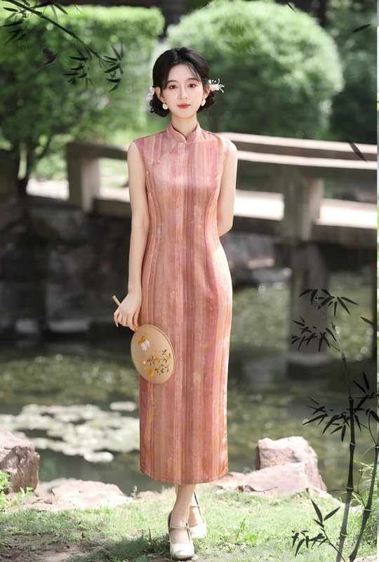 Abito Lungo Qipao Estivo Senza Maniche Aderente in Stile Cinese Cheongsam retrò per Banchetti di Nozze spettacoli e Serate di Gala