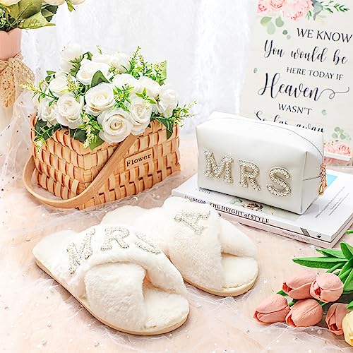 Image of Xtinmee Personalized Initial Wedding Bride Slipper Mrs Pearl Letter Makeup Bag Bachelorette Party Bridal Shower Wedding Gifts(A)