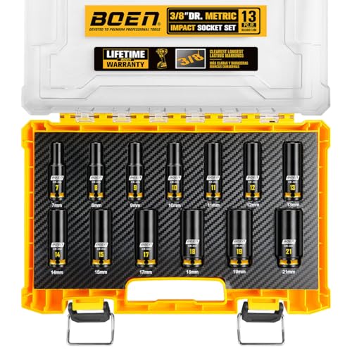 boen 13PCS 7mm-21mm 3/8” Drive Metric Socket Set, Impact Deep Socket, 6-Point with Yellow Embossed Marking, CR-MO Steel