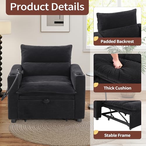 Image of Corduroy Sleeper Sofa Bed with Cup Holders, 3-in-1 Convertible Pullout Futon Couch with Phone Holder&USB Charge Port, Single Armchair with 3-Level Adjustable Backrest for Living Room