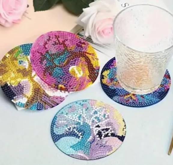 Syntego 8pcs 5D Diamond Painting Coasters Fantasy Tree of Life Coasters DIY Colourful Diamond Coasters Kit with Holder
