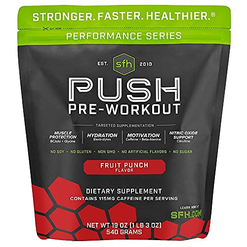 Push Pre-Workout Powder (Fruit Punch) by SFH | BCAAs for Muscle Repair | Electrolytes | Non-Dairy, No Artificial Flavors, Colors, Sugar, Soy, Gluten, or GMOs (Bag)