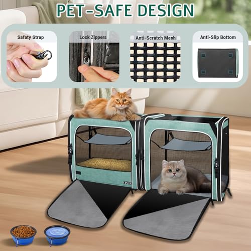 2 in 1 Double Cat Car Travel Carrier with Litter Box, Green | 38"Lx17"Wx18"H, With Lockable Zippers, Dual Extra Large, Portable, For Longer Road Trips, For Several Cats - Image 6