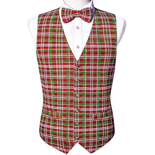 Barry. Wang Mens Christmas Vest with Snow/Snowman/Christmas Tree Red/Green Holiday Waistcoat Bowtie Set Party Halloween3