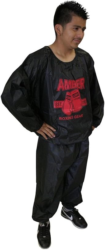 Amber Fight Gear Extreme Sauna Suit for Weight Loss, Heavy-Duty Nylon Sweat Suit for Men & Women Increases Perspiration, Elastic Neck, Wrist, Waist & Ankles, Black, XX-Large