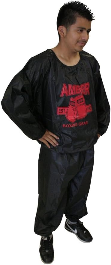 Amber Fight Gear Extreme Sauna Suit for Weight Loss, Heavy-Duty Nylon Sweat Suit for Men & Women Increases Perspiration, Elastic Neck, Wrist, Waist & Ankles, Black, XX-Large