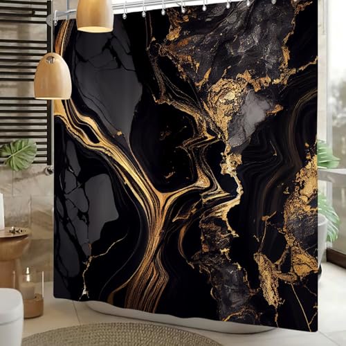 Xiaoterna Marble Shower Curtain Abstract Black Gold Marble Bathroom Curtain Gold Powder Sparkling Modern Luxury Marble Shower Curtain Machine Washable Waterproof Fabric 150x200cm - Image 2
