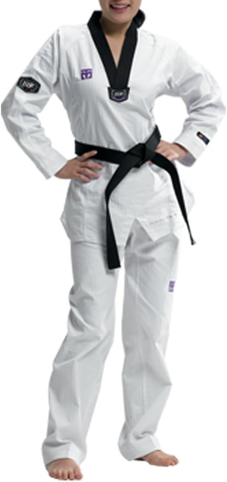 Mooto Taekwondo 3f Woman's Uniform Fashion Slim Fit TKD Dobok Black V-Neck with Free One Patch WTF 0 to 6 (190(us5)(5.90~6.23ft or 180-190cm))