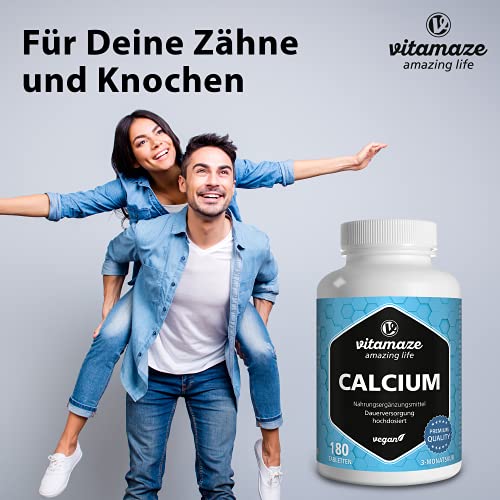 Calcium Tabletten hochdosiert vegan, 180 Tabletten für 3 Monate, 800 mg Kalzium-Carbonat pro Tagesdosis, Organische Nahrungsergänzung ohne Zusatzstoffe, Made in Germany
