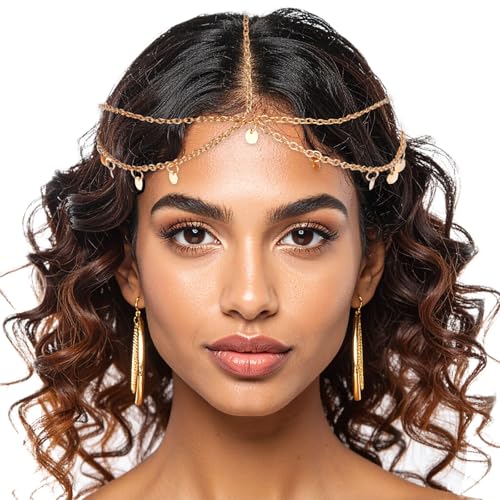 Xinjoduz Diadema de oro, joyería de cadena de cabeza con lentejuelas estilo bohemio para mujeres, cadenas de pelo de tocado egipcio para graduación, diadema de disfraz de festival para accesorios