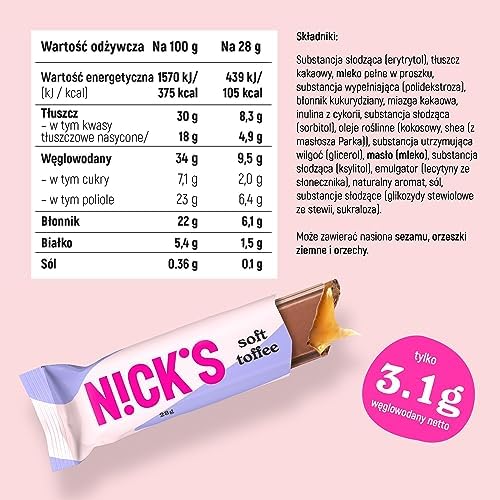 NICKS Soft toffee, Czekoladowy batony keto bez dodatku cukru,110 kalorii, 3.5 węglowodanów netto, batonik czekoladowy z karmelem, Bezglutenowe cukierki low carb (15x28g)