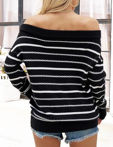 Image of VIMPUNEC Womens Off The Shoulder Sweaters Color Block Oversized Pullover Sweater Cable Knit Chunky Striped Tops Black White S