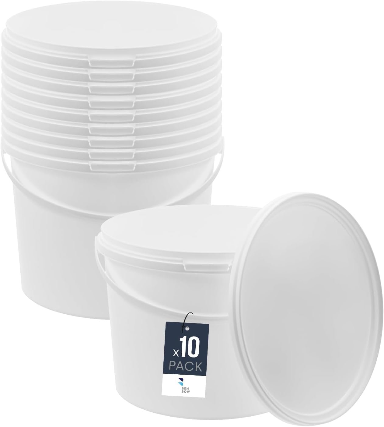BenBow Bucket with lid 10l white 10x 10 litres - food-safe, stable, airtight, leak-proof, odourless - plastic storage container, with handle - empty โ image 1
