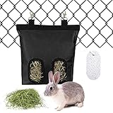 YOLAGGOY Guinea Pig Hay Feeder, 2 Holes Hanging Rabbit Hay Feeder Bag for Rabbit Guinea Pig Chinchilla with 1 Grind Teeth Stone,Small Animals Automatic Feeders (Black)