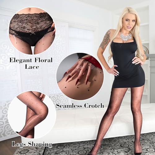 Haza&Zebe Sheer Black Sexy Lace Waistband Women's Tights Breathable Stockings Pantyhose With Polka Dot Design2