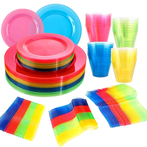 Supernal 216Pcs Neon Party Supplies Plates,Includes Hard Plastic Dispoable Neon Party Plates,Cups,Cutlery Forks Knives Spoons In Neon Pink,Blue,Green,Yellow, Pefect For Birthdays,Halloween Party #TOP11