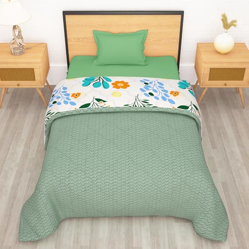 Image of Comforter Single Bed Blankets for Winter | 180GSM Microfiber Quilt Single Bed Comforter | 150X 225cm | Beige & Light Grey, Floral Pattern | Quilt | Single Dohar