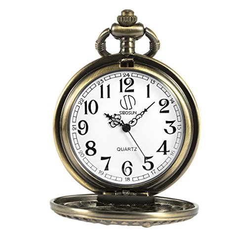 Image of SIBOSUN Antique Men Pocket Watch with Chain Oversized 50MM 1.96 Inch 3D Locomotive Steam Train Railroad Hollow + Box