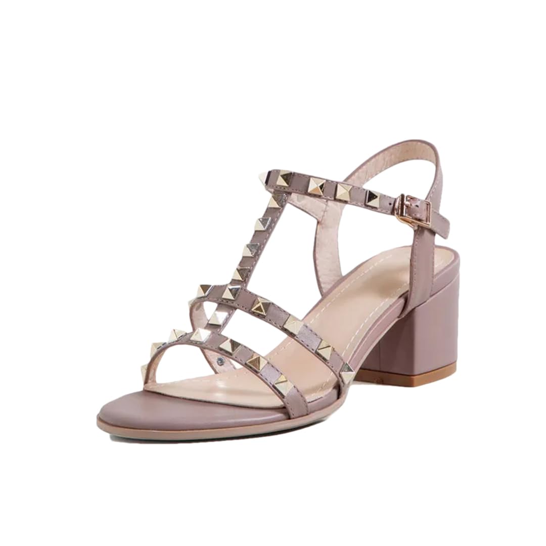 Sandalias punk con hebilla y correa al tobillo para mujer, tacón cuadrado, con tachuelas, de cuero, tachuelas, para oficina, carrera, tacón alto