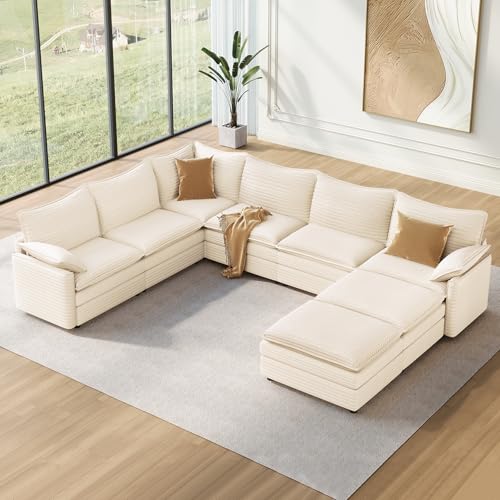 Image of Vesgantti Large Modular Sectional Sofa, Big Comfy Cloud Couch with Ottoman Deep Seat Corduroy Cloud Sofa, 8 Seater Large Sectional Couches for Living Room, Bedroom and Apartment, Beige
