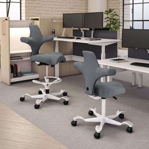 Image of HAG Capisco Sit to Stand Chair-White Frame-Upholstered Dark Gray-with Foot Ring