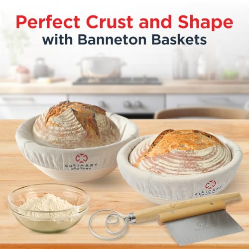 Bread Proofing Basket Set of 2 - Round 9" Sourdough Bread Baking Supplies w/Linen Liner, Scrapers, Scoring Lame, Whisk, Blades Banneton Proofing Baskets - Sourdough Starter Kit for Beginners by Culinary Couture - Image 3