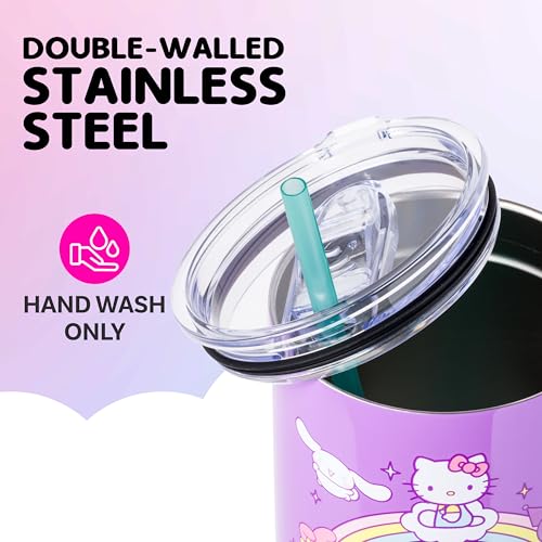 Image of Silver Buffalo Sanrio Hello Kitty and Friends Featuring My Melody, Cinnamoroll, Kuromi, Chococat, Badtz-Maru, Keroppi, and Pompompurin Double Walled Stainless Steel Tumbler with Handle, 40 Ounces