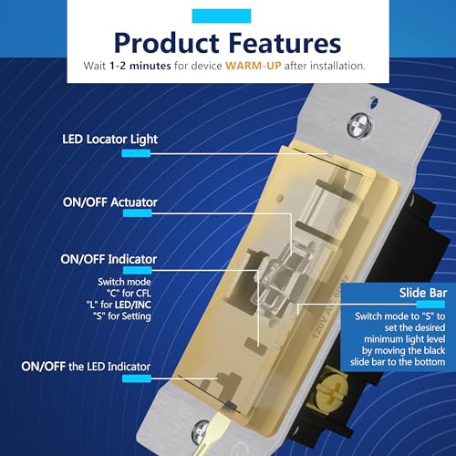 Image of LIDER Dimmer Paddle Switch for Dimmable 300W LED /CFL Lights, 1-Pole or 3-Way, 120 V, Modern Upgrade, Screwless Wall Plate Included, UL Listed, Thermoplastic, Matte Gold, 1-Pack