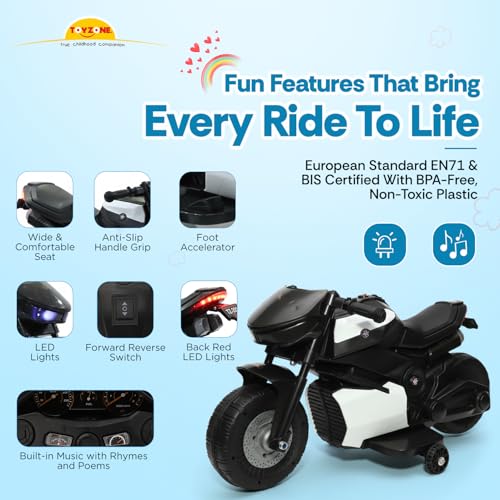 Image of Toyzone Charlie Mini Electric Bike (Black & White) | 6V Rechargeable Bike with 4.5Ah Battery | LED Lights, Music | Smooth Acceleration | 6M Battery Warranty | Age 1.5-4 Years, Upto 30 kg
