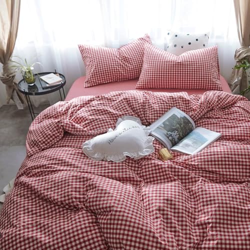 mixinni Red Gingham Comforter Set Twin XL, Plaid Comforter Set 3 Pieces 1 Red Grid Comfoter with 2 Pillow Cases for All Seasons, Soft Fluffy Modern Grid Pattern Printed Bedding-Twin XL Size