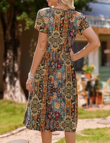 Image of HOTOUCH Women's Summer A-Line Midi Dresses 2026 Casual Floral Short Sleeve T-Shirt Dress Flowy Beach Sundress with Pockets