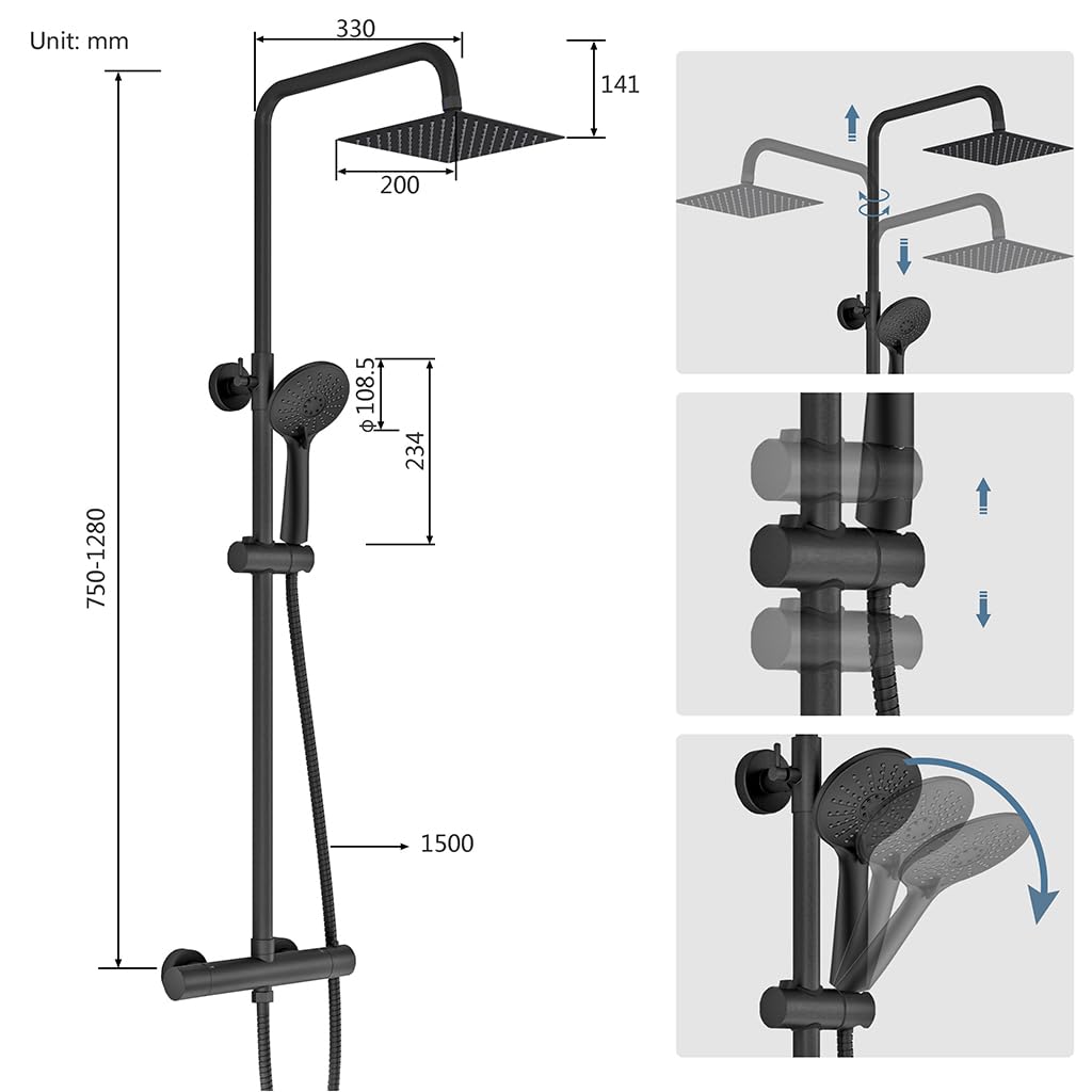 AICA Colonna Doccia con Miscelatore Termostatico, Rubinetto Doccia Soffione Doccia Quadrato in Acciaio Inox 20x20cm, Doccetta Tonda da 108mm, Altezza Regolabile 735-1170mm, Set Doccia Completo Nero