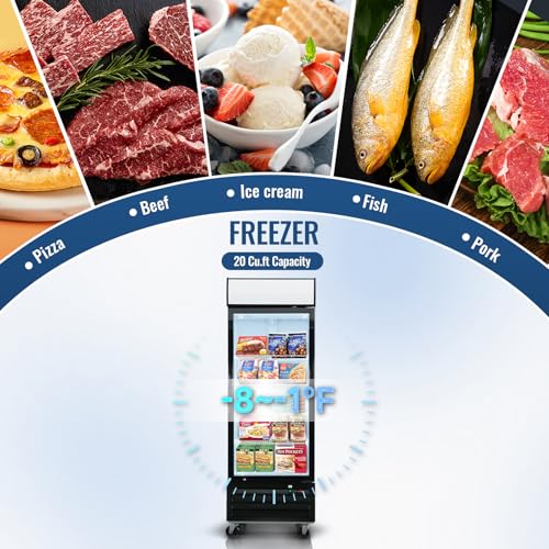 Image of Erivess 20 Cu.Ft Commercial Reach-In Display Upright Freezer, -8 to -1℉ | Merchandiser Freezer with Triple-Pane Single Glass Door, Auto Defrost, LED Top Panel for Restaurants, Cafes, Stores