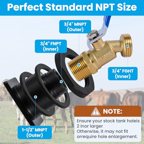 Image of Stock Tank Drain Plug Kit for rubbermaid Stock Tank Drain Plug（for rubbermaid Commercial50 70 100 150 300 Gallon Stock Tanks） with 3 /4 inch NPT x3 /4 inch GHT Brass Hose Faucet Garden Hose Connector
