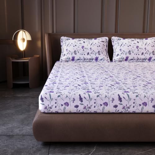 Image of Divine Casa Cotton King Size Bedsheet | 210 TC Soft Breathable Pigment Twill Satin Bed Sheet with 2 Pillow Covers | Luxury Bedding Set | 275 x 275 cm (Purple, Floral)