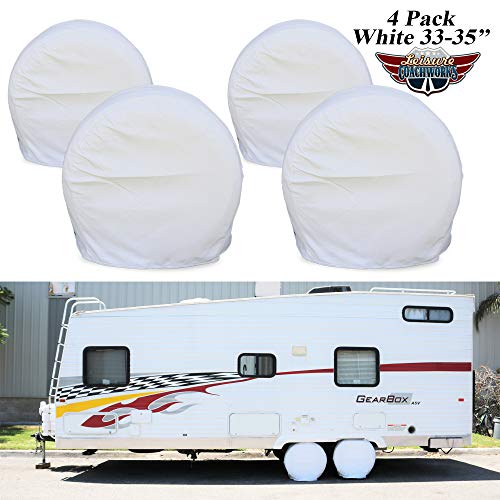 Leisure Coachworks Tire Covers for RV Wheel Set of 4 White Motorhome Wheel Covers Waterproof Soft Vinyl Tire Protectors Tire Covers Size 33" to 35" Tire Diameters