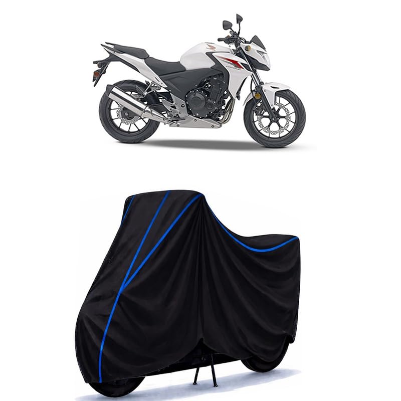 Image of CB 500 F Bike Cover Water Resistant Universal Motorcycle Rain | Heavy Duty UV Protection, Dust, Scratch Indoor Outdoor All Weather with Black Blue Piping Elastic