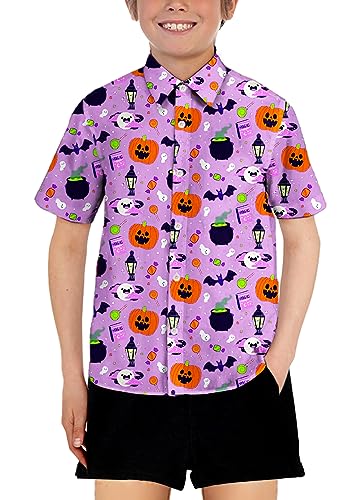 Image of Remimi Unisex Kids Halloween Shirt Boys Pumpkin Ghost Shirts Hawaii Button Up Tops 5-14 Years