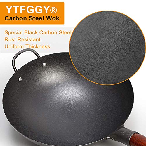 Carbon Steel Wok, YTFGGY Wok Pan for Gas Stoves - 12.6“ Woks and Stir Fry Pans - Traditional Chinese Japanese Iron Woks (Lid, Spatula Included)