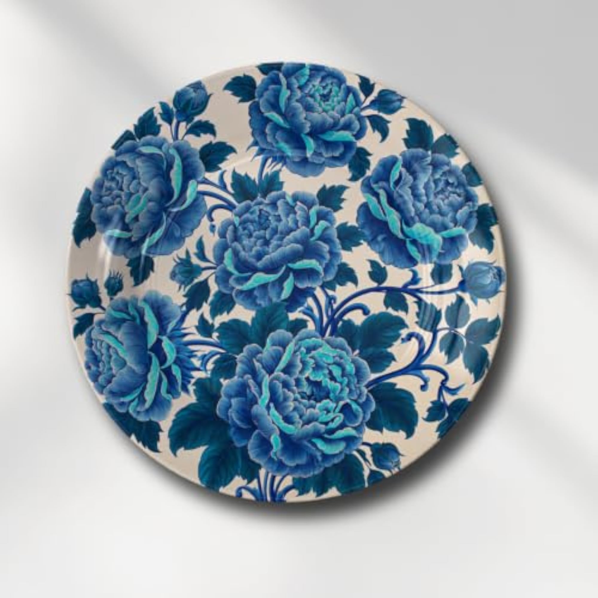 Blue Floral Ceramic Art Plate with Display Stand, Decorative Wall Hanging