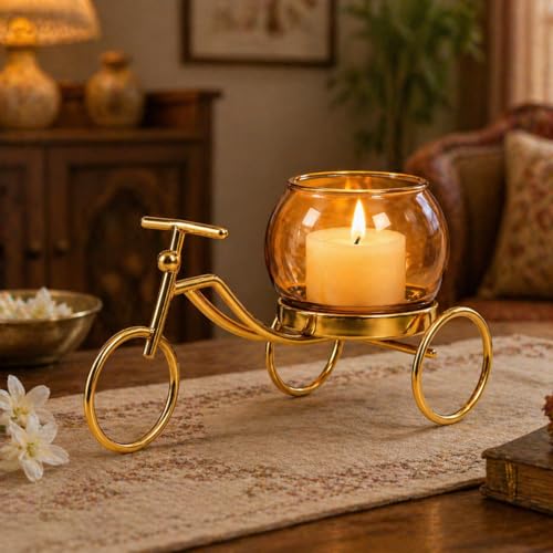 Image of CentraLit Decorative Metal Tricycle Candle Holder with Glass Bowl | Gold Tea Light Holder Stand, Vase for Home Decor, Decorative Plant Pot for Living Room, Aesthetic Home Decor Item & Return Gift