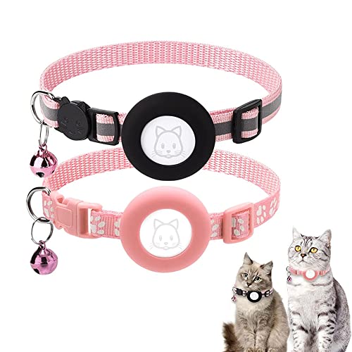 Image of Airtag Cat Collars, 2Pack Reflective Personalized Air Tag Cat Collar with Breakaway Safety Buckle and Bell, Adjustable Cat Collar with Airtag Holder for Small Pets Pink
